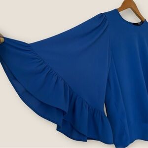 Zara, size M, blue top, keyhole cut back, large bell sleeves, silky like feel